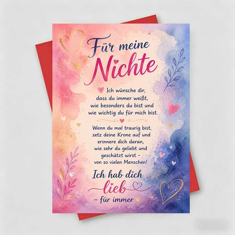 1 Greeting Card + 1 Envelope Elegant Birthday Greeting Card, Watercolor Hearts And "love For My Niece", Perfect For Niece, Birthday Artistic Style
