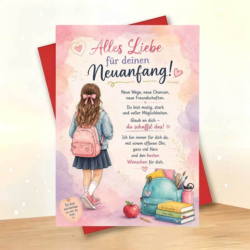 Image of 1 Greeting Card + 1 Envelope Warm Encouraging New Beginning Greeting Card, Girl With Backpack " For ", Suitable For , Graduation Watercolor Style Stationery