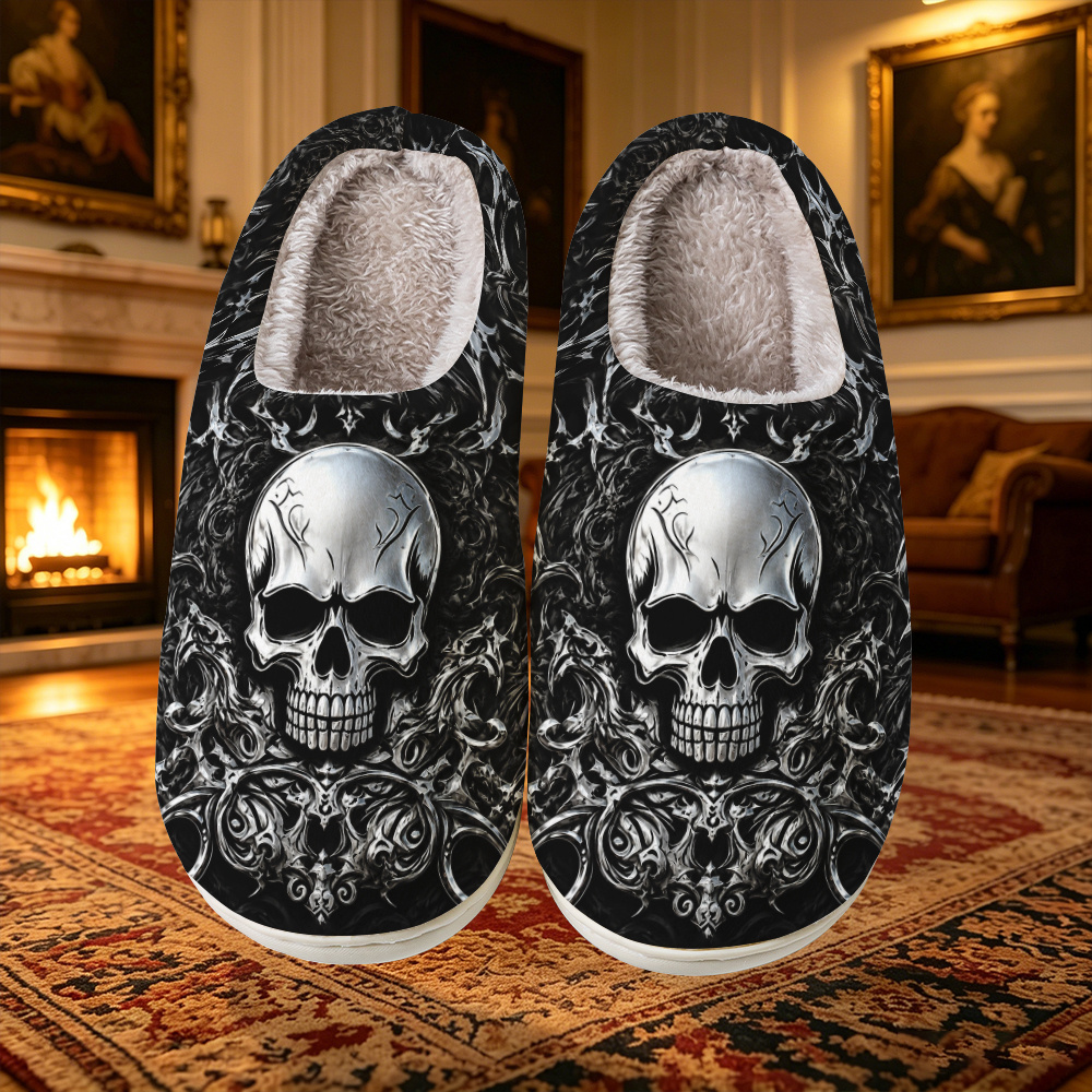 TEMU Gothic Style Thorn Motif Skull Theme Printed Men's Fashion Easy Slippers, Unisex, Family Essential Gift, Holiday Gift , Couple's Slippers,