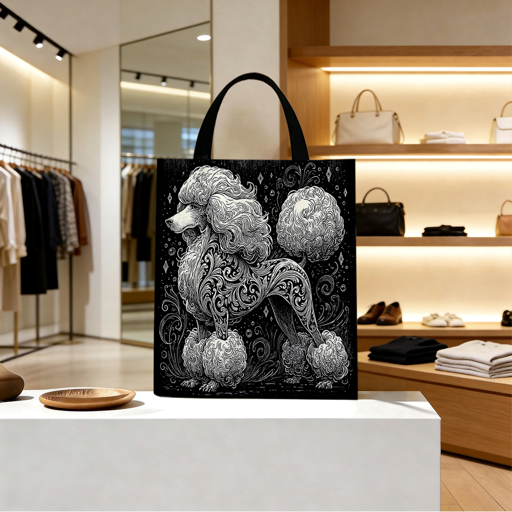 TEMU 1pc Poodle Print Tote Bag Suitable For /christmas/mother' Day Gift - Large Reusable Curly Poodle With Hot Transfer Printing, Durable Grocery Bag