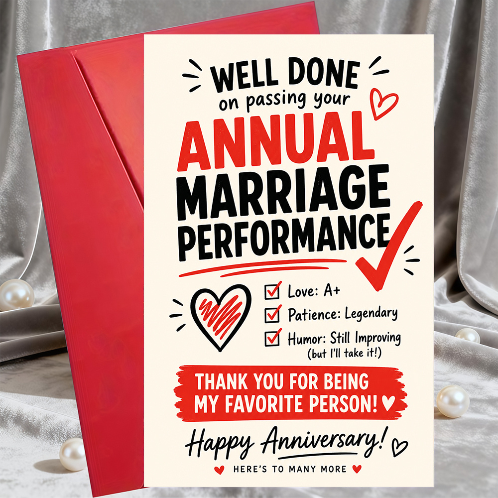 TEMU 1 Greeting Card + 1 Envelope Funny Anniversary Card For Husband Wife Marriage Performance Review Flat Paper Greeting Card For Partner Romantic