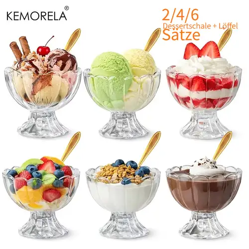 * 2/4/6er-Set *-Dessertschalen mit Löffel *-Eiscremeschalen, Dessertschalen. Transparente, kurzstielige, tulpenförmige Eiscremeschalen mit gewelltem Rand *-Windbeutelschalen * zum Servieren von