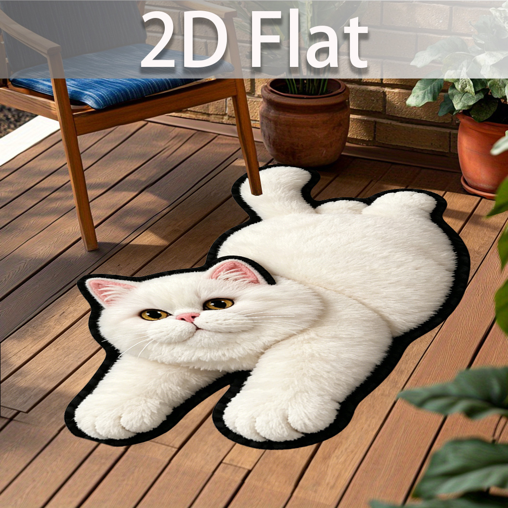 TEMU 2d Flat Cute White Cat Pattern Printed Rug, Non-slip Irregular Shape Door Mat, Entrance Hall Balcony Multi-area Home Use, Faux Cashmere, 800g/ã¡