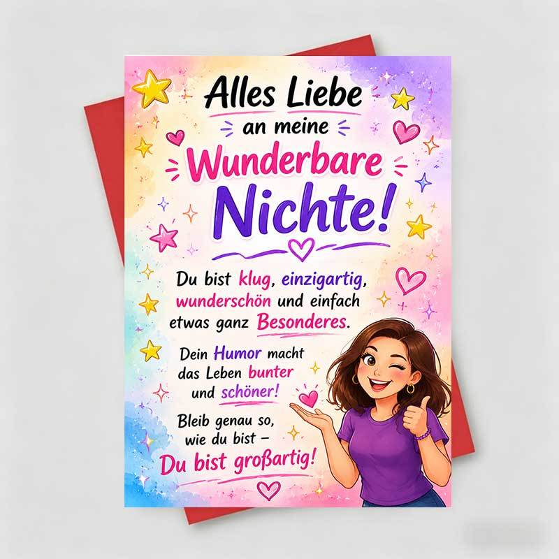 TEMU 1 Greeting Card + 1 Envelope Birthday Greeting Card, Cute Girl Illustration With Hearts And Stars Text, For Niece, Birthday Celebration, Vibrant