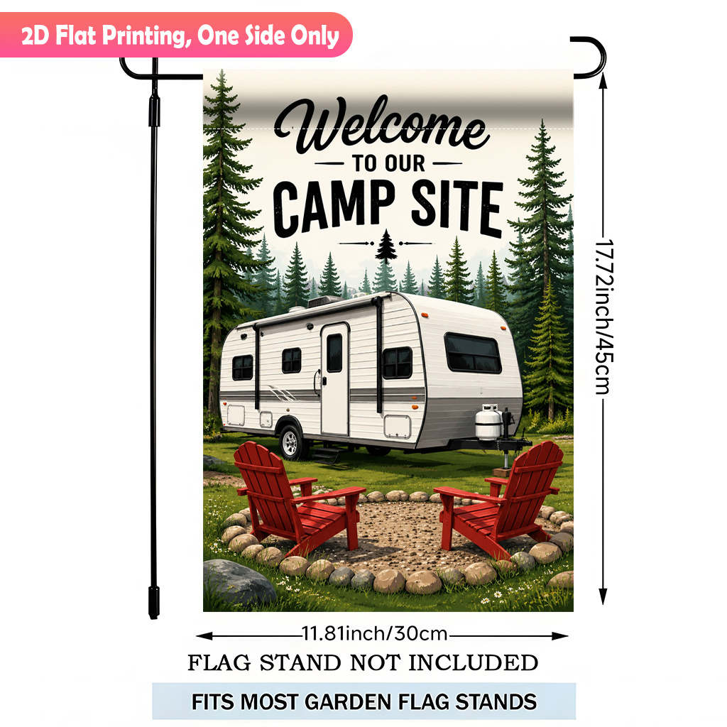 TEMU Drapeau de jardin plat 2D, impression plate 2D 1 pièce, sur notre site de camping, polyester durable, décoration de patio extérieur, drapeaux de