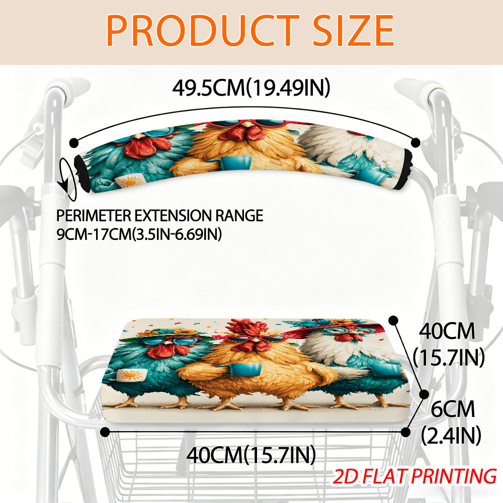 TEMU Colorful Chickens Wearing Fashion Glasses Design Removable Walker Seat Cover And Backrest Pad, 2d Printed Rollator Accessories For Adult Use