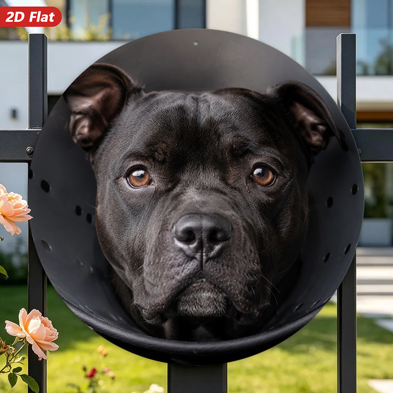 TEMU 2d Flat, 1pc Round Metal Sign Wall Art, Cute Pitbull Portrait, Pet - Themed, , Home Decor, For Living Room, Bedroom, Office, Weatherproof For