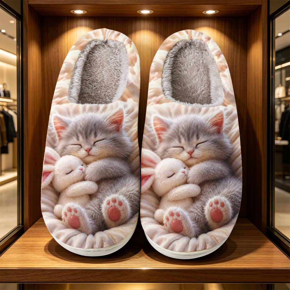 TEMU Kitten And Rabbit Snuggle Pattern Ladies Fashion Print Slippers, , Unisex Couple Style, Essential For Family Parties, Top For Holiday Gifts,