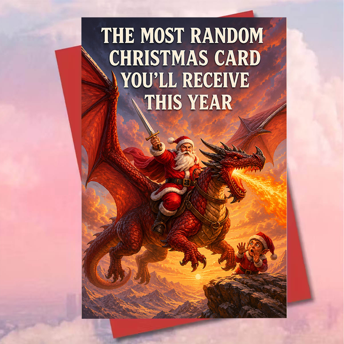 1pc Creative and Bold Christmas Card, "THE MOST RANDOM," Featuring a Fire-breathing Santa Claus Riding a Dragon with a Gnome. Suitable for Friends and Family Who Enjoy a Fantasy Style. The Paper Is Sturdy and Durable, with Vibrant Printed Colors.