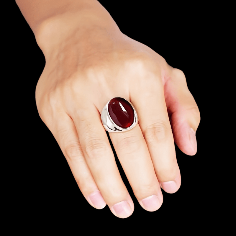 TEMU Bright Silvery Red Agate Men's Ring, Overbearing , Unisex Hand Jewelry