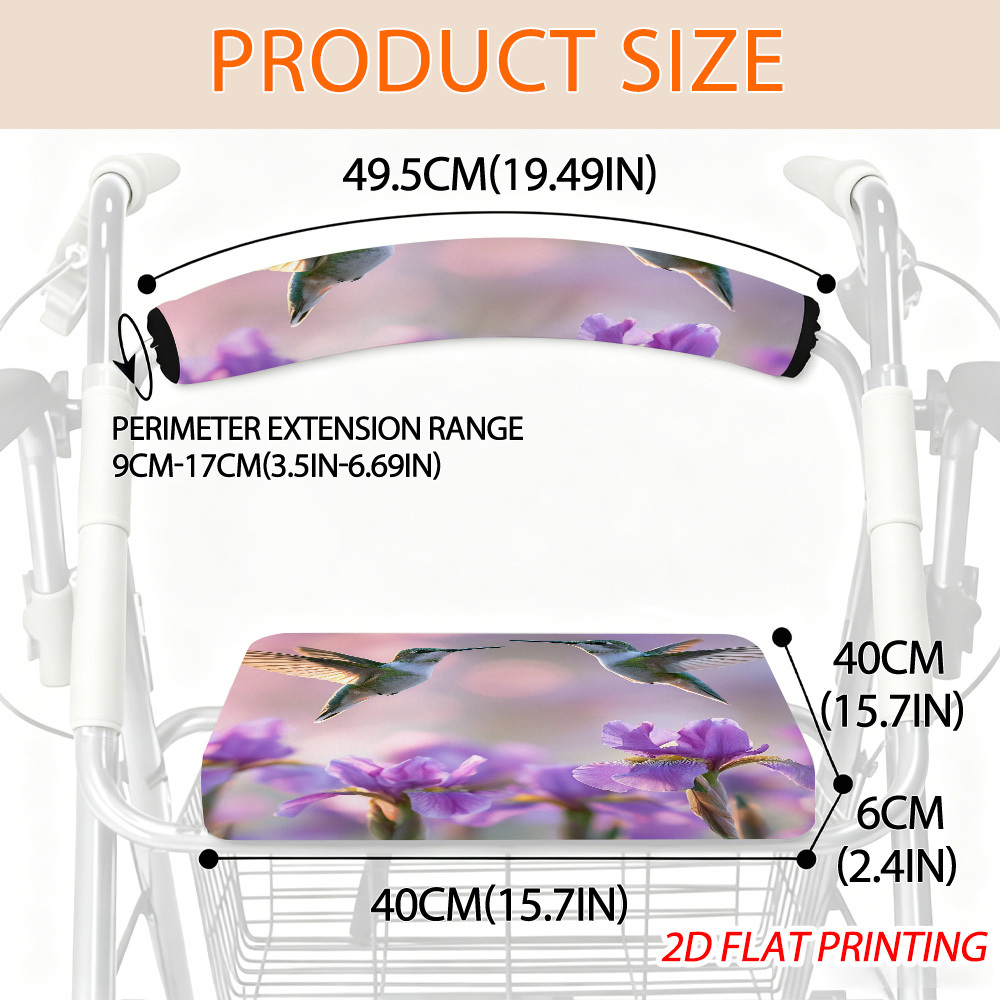 TEMU Universal Walker Seat And Backrest Cover With Hummingbirds Flying Over Purple Flowers Pattern, Comfortable Cushioning Accessory For Rollator And