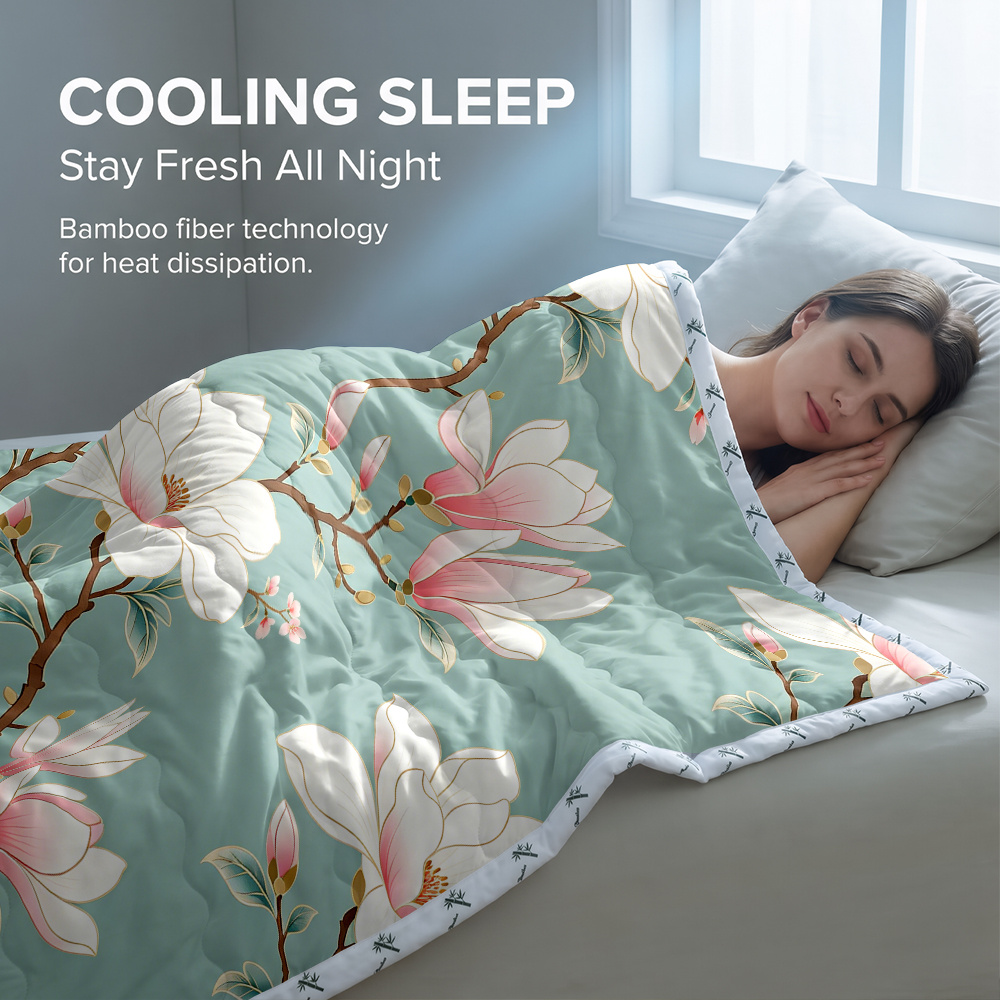 TEMU 1pc Bamboo Reversible Cooling & Warm Summer Comforter, Floral Scroll Motif, Cooling Comforter, Summer Bedding, Switchable Temperature Control,