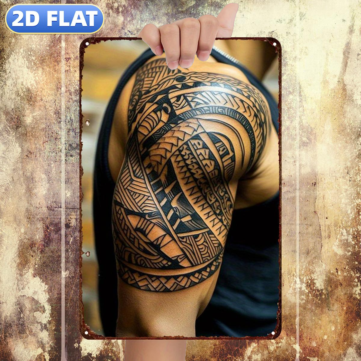 TEMU Plat 2D, 1 pièce, Tatouage tribal polynésien complexe sur , Panneau en métal fer, taille (8"x12"/20cm*30cm) Peintures décoratives/Décoration de
