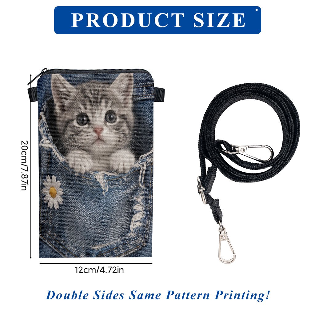 TEMU Phone Bag 1pc, Cute Kitten In Print Mobile Phone Bag, Adjustable Strap Crossbody Phone Pouch, Mini Zipper Shoulder Bag, Small Vertical Crossbody