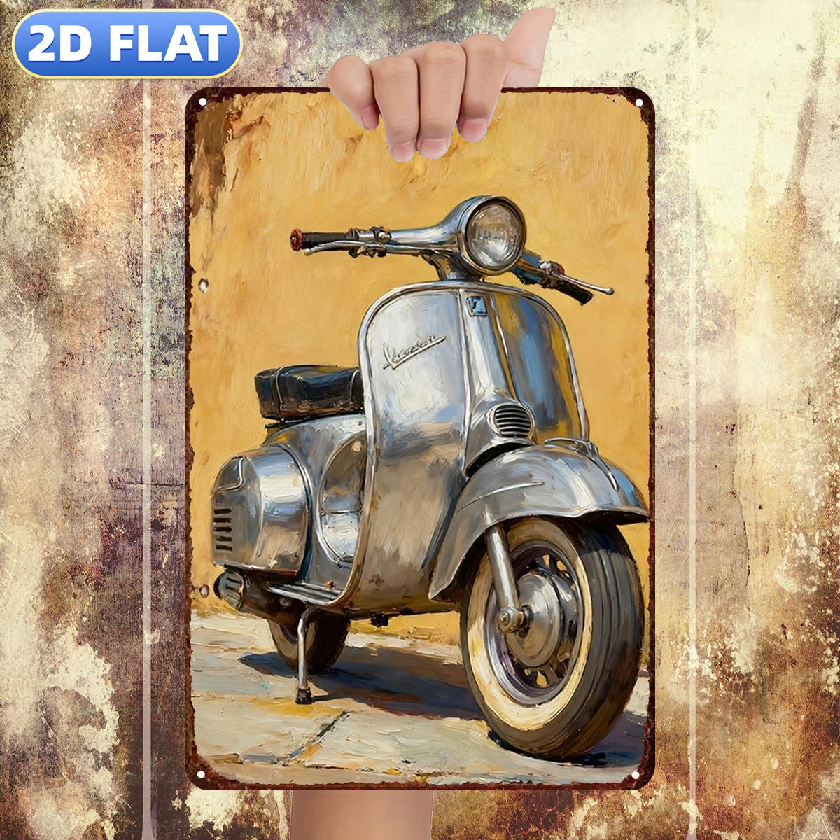 TEMU Targa in metallo piatto 2D, 1 pezzo, "Scooter argentato vintage su sfondo caldo", dimensioni (8"X12"/20Cm*30Cm), dipinti decorativi per