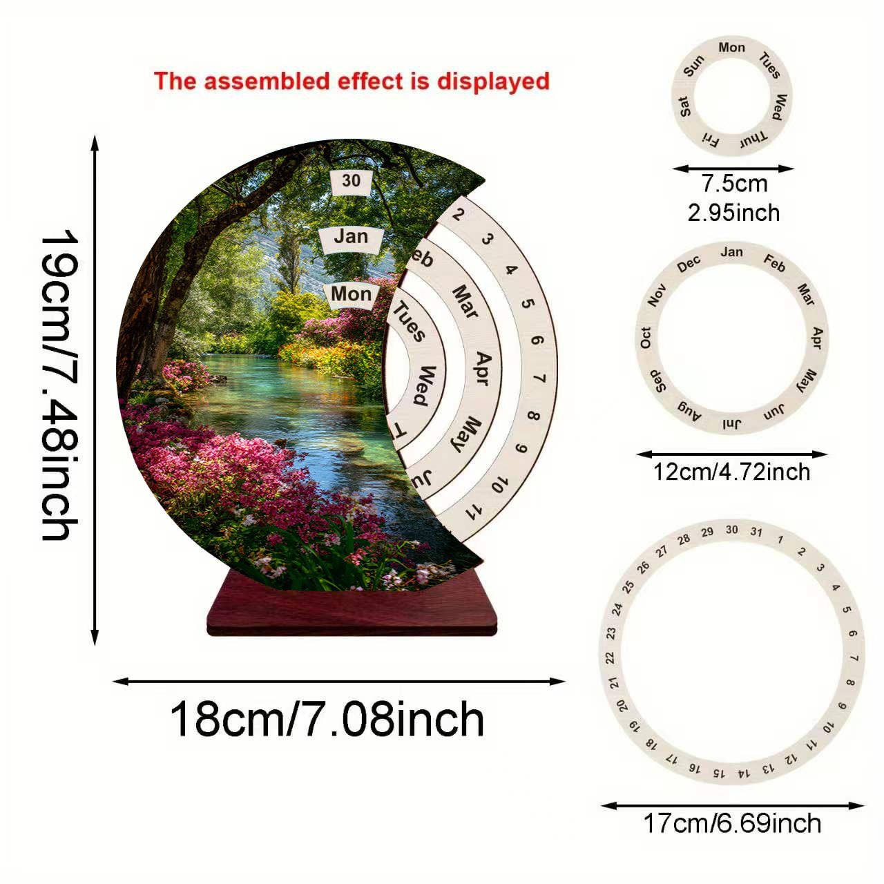 TEMU 1pc Flat Printing Wooden Manual Rotating Calendar Hand-painted Flowers Trees Stream Scenery Desktop Calendar Tabletop Stand, Artistic Manual