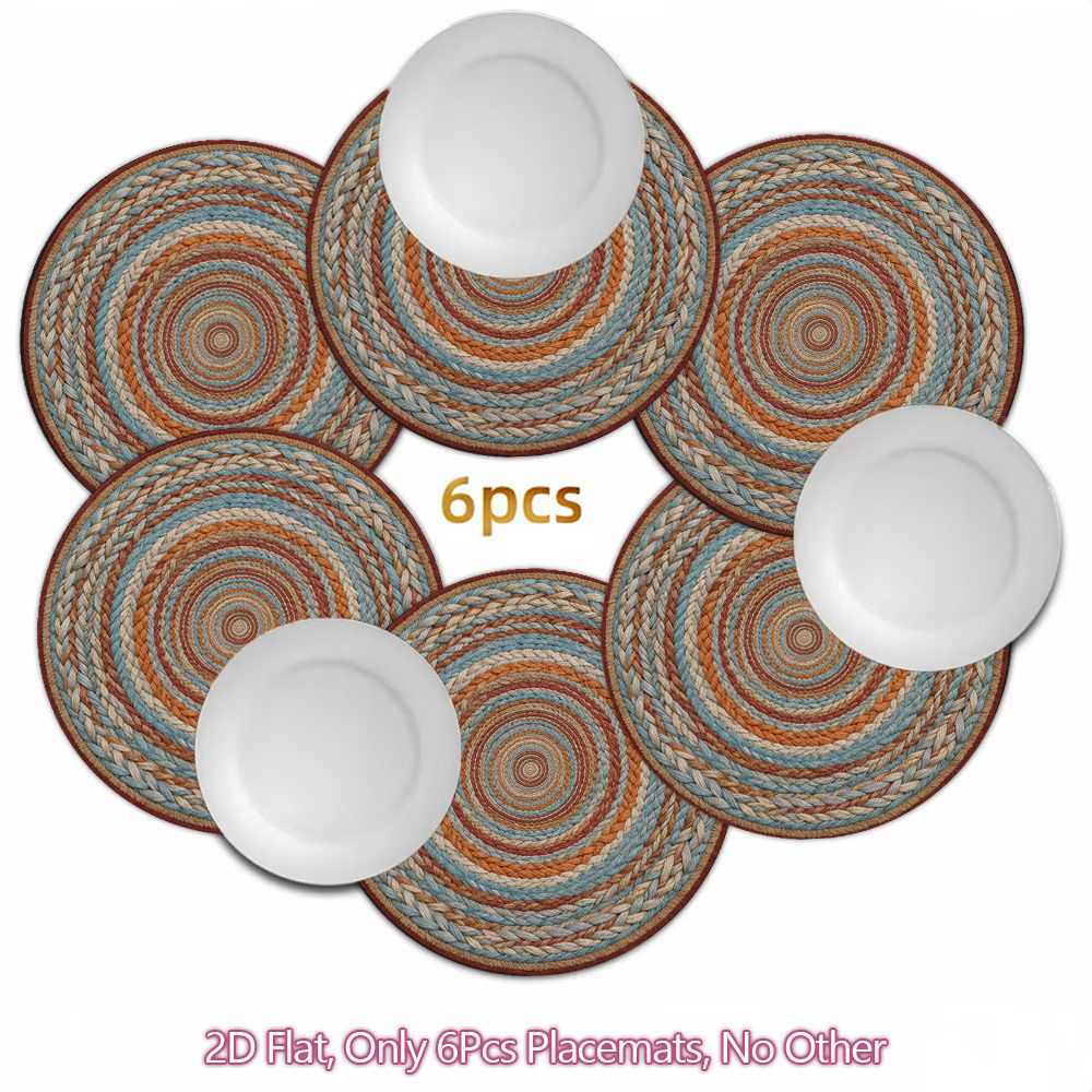 TEMU [2d Flat] 6pcs Round Placemats, With Braided Rope Spiral , Non-slip, Hand Washable And Reusable, Perfect For Home Decor, And Holiday Gatherings,