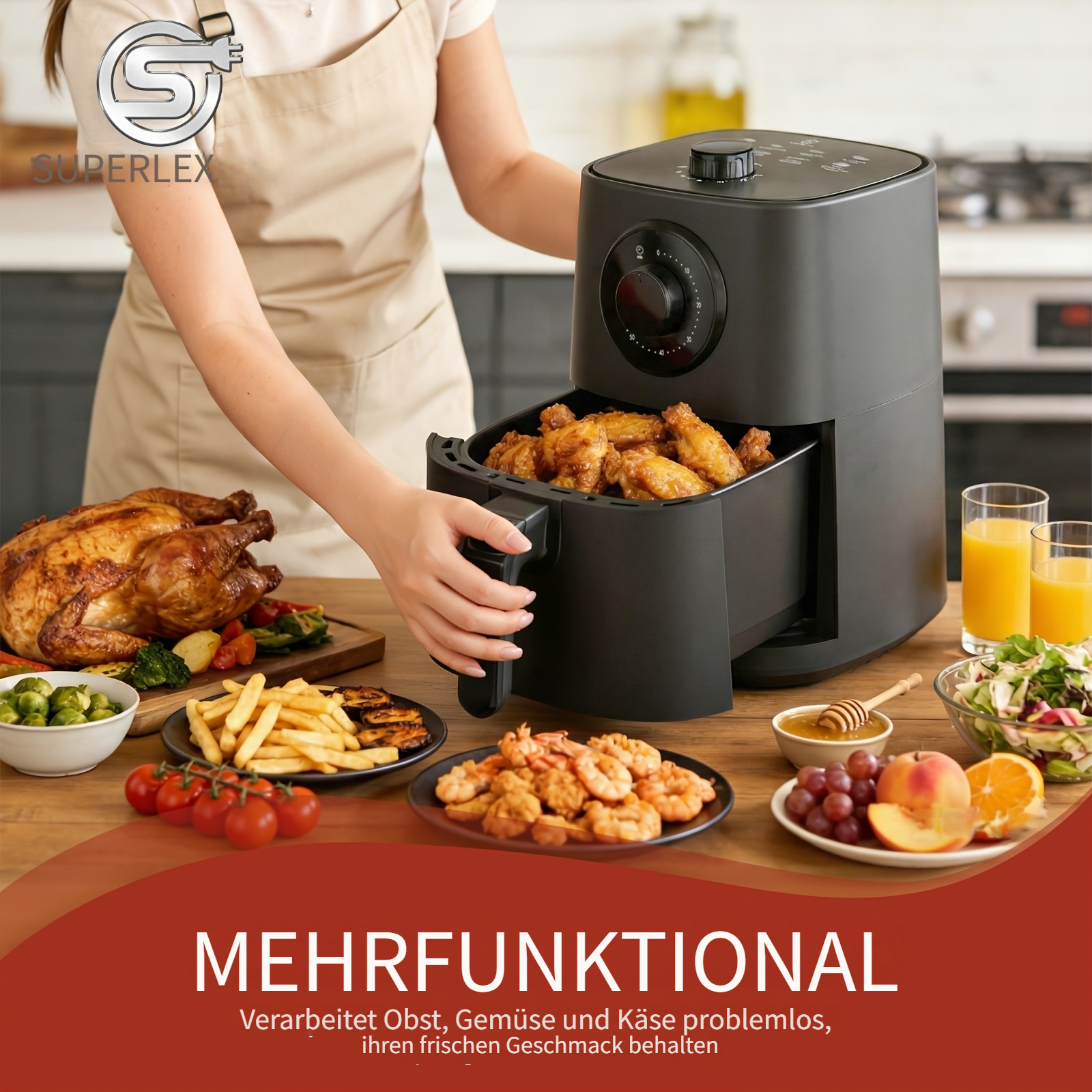 TEMU Superlex 2.3l Manual Single Air Fryer, Compact Oil-free Healthy Cooker, Adjustable Temperature Control, 30-minute Timer, Ideal For Crispy Fries,