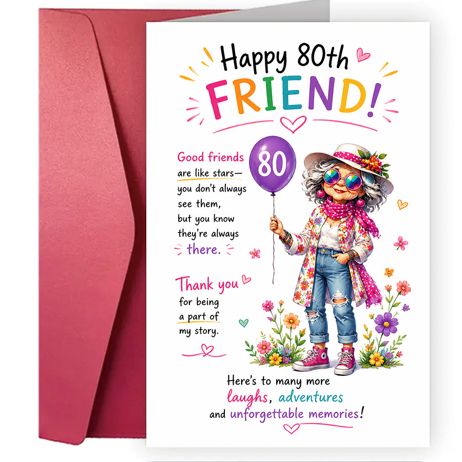 TEMU 1pc Greeting Card And 1pc Envelope. 2d Flat 80th Birthday Friend Card, Colorful Woman Holding Balloon And Floral Decorations, Congratulations To