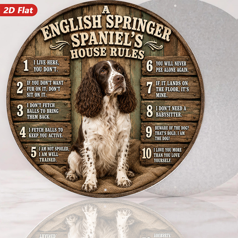 TEMU 2d Flat, Decorative Sign 2d Flat, 1pc Round Metal Sign Wall Art, English Spaniel Home Decor, Rustic Design, House Rules Text, Pet - Themed Art,