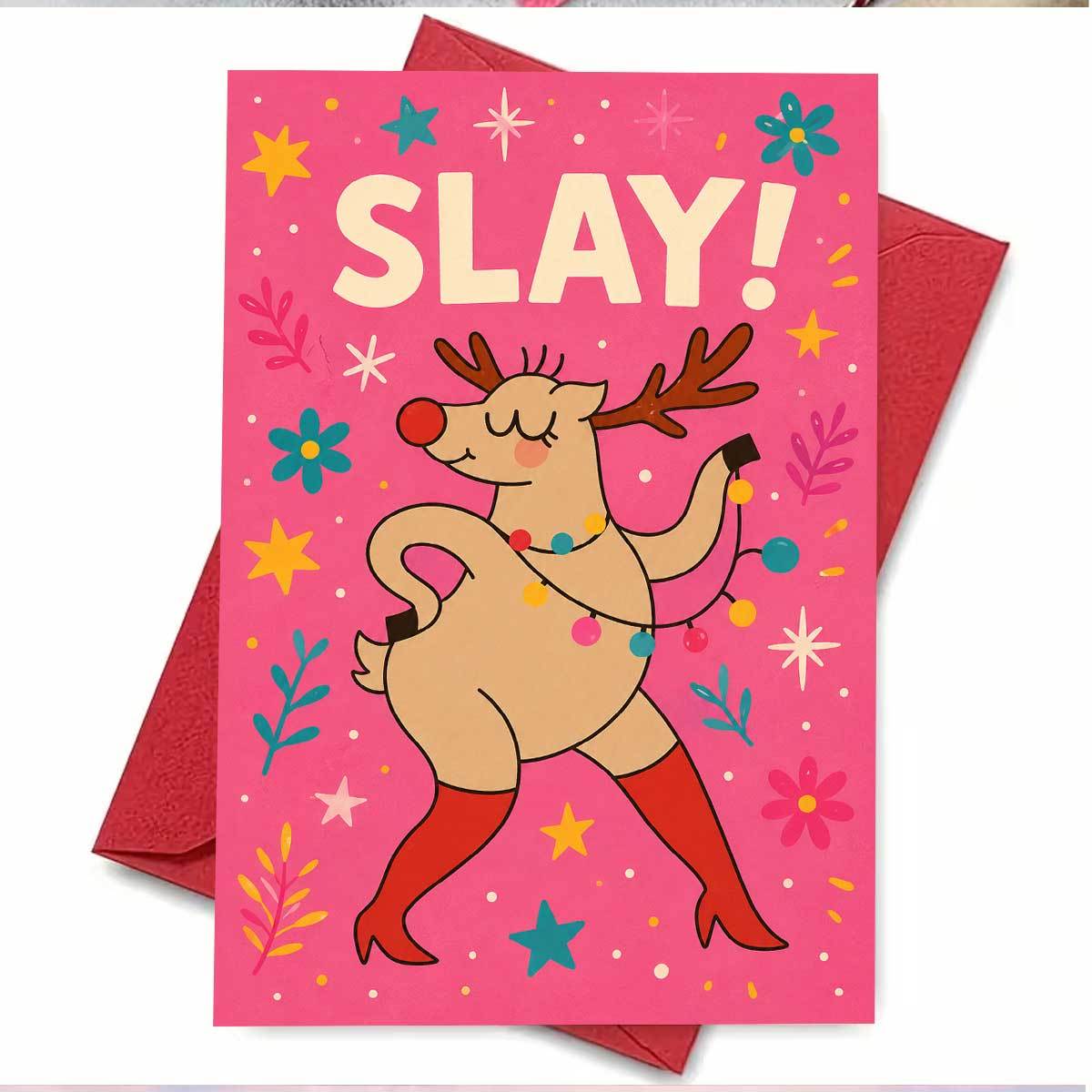 TEMU A Trendy And Fun Christmas Card "slay!" – A Festive Featuring A Cartoon Reindeer Dancing In Red High-heeled Boots, With A And Stylish Design. A