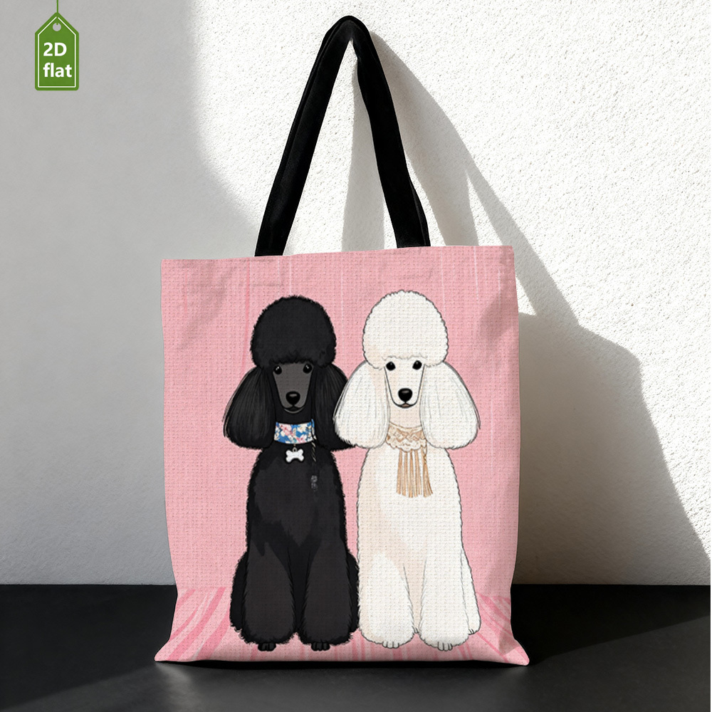 TEMU 1pc Double-sided Printed Black And White Poodle Pattern Tote Bag, Durable Rectangular Tote, Foldable And Reusable 2d Flat, Suitable For Daily