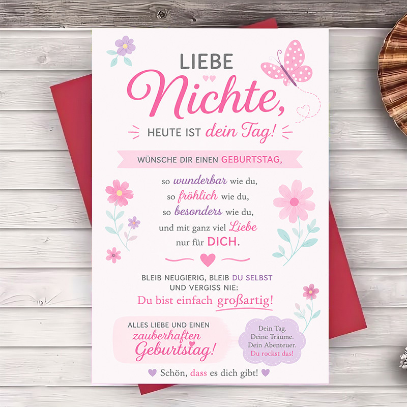 TEMU 1 Envelope And 1 Greeting Card German Happy Birthday Greeting Card For Niece Pink Floral Design For Her Special Occasion Celebration Gift Card