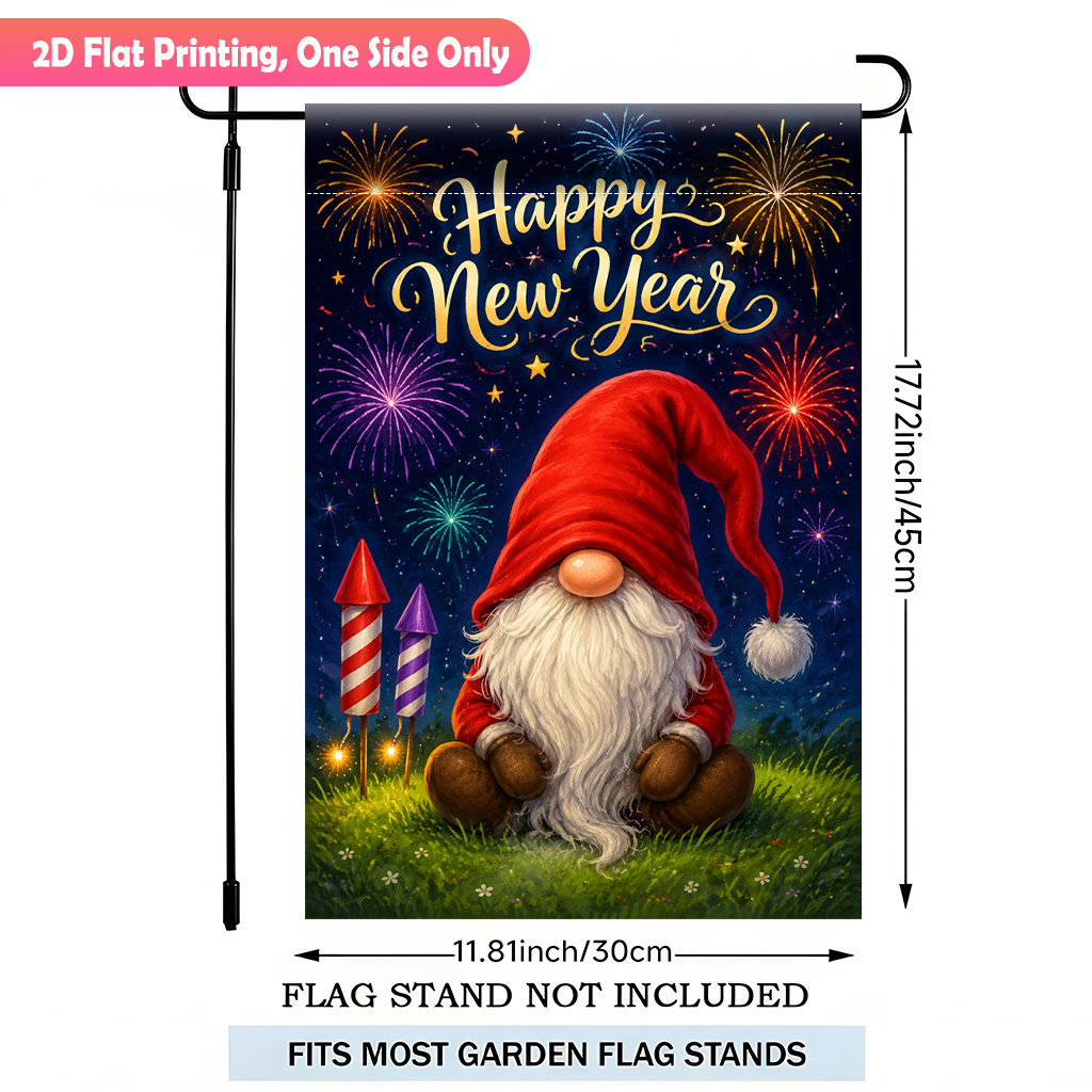 TEMU 2d Flat - 2d Flat Printing Garden Flag 1pc, Happy New Year Gnome Durable Polyester Outdoor Patio Decoration, Outdoor Patio Flags, And Patio