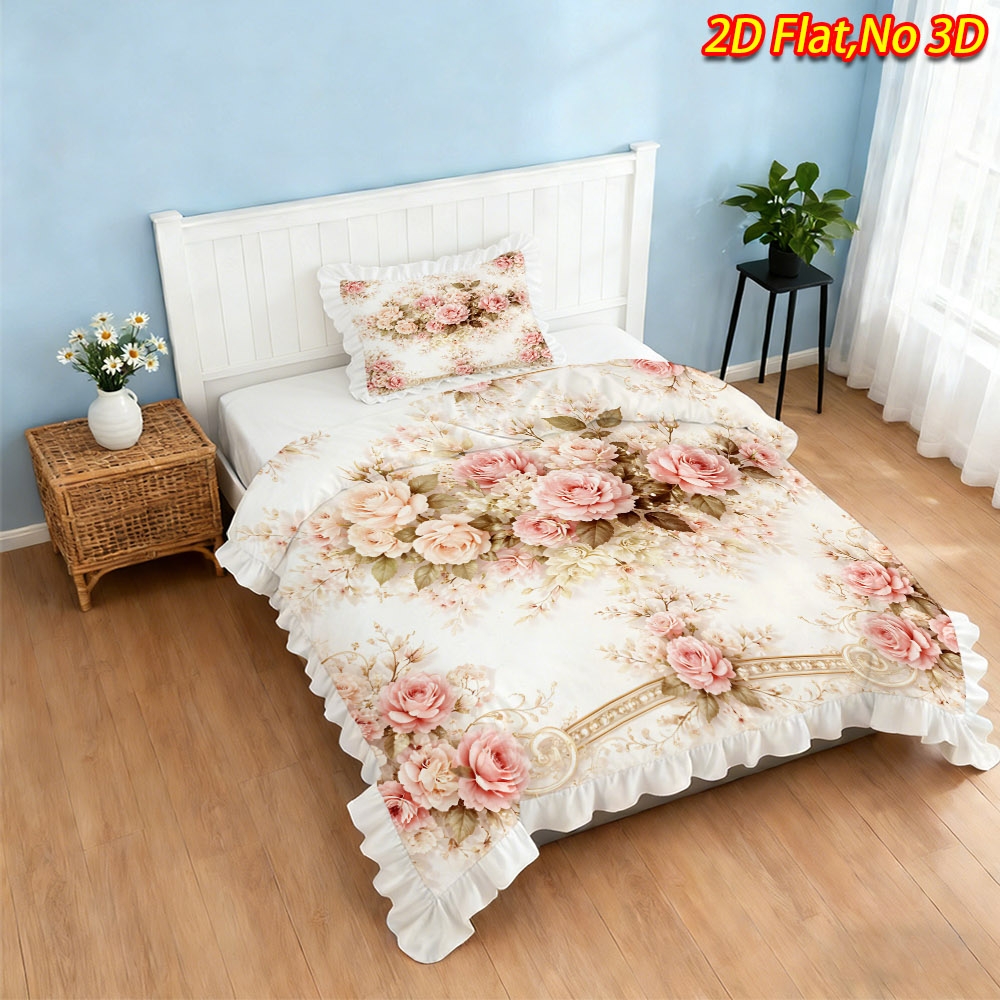 TEMU 2/3pcs 2d Flat Printing New Arrival Rose Bouquet Pattern Ruffle Design Duvet Cover Set, Multiple Sizes , Skin-friendly, Soft, And Machine