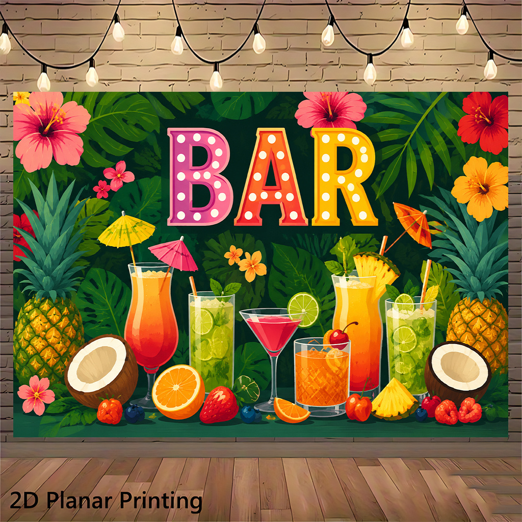 TEMU 2D Plat, Tropische Cocktailbar Banner - Palmboom & Cocktail Muurhanger Geschikt voor Feesten, Fotoachtergrond, Kamerdecoratie - Eenvoudig op te