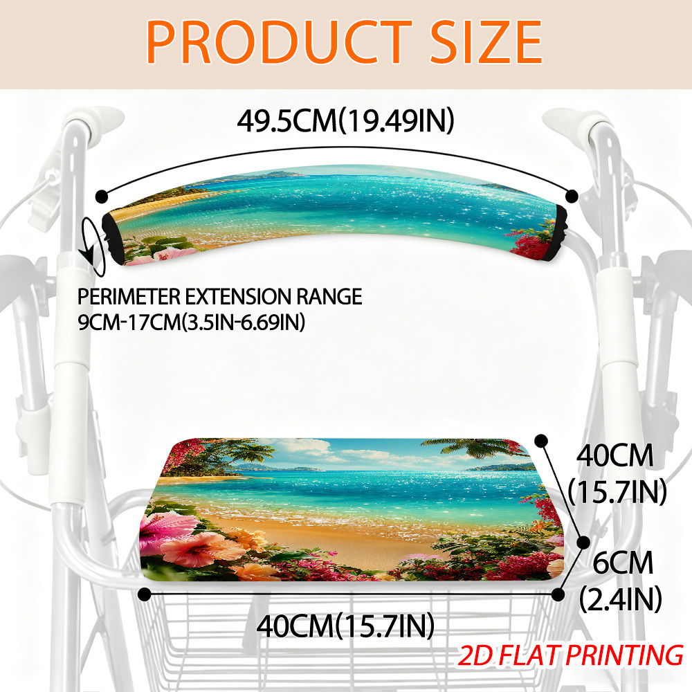 TEMU Tropical Beach With Flowers Pattern Universal Rollator Walker Seat And Backrest Cover Set With Elastic Removable Non-slip Design For