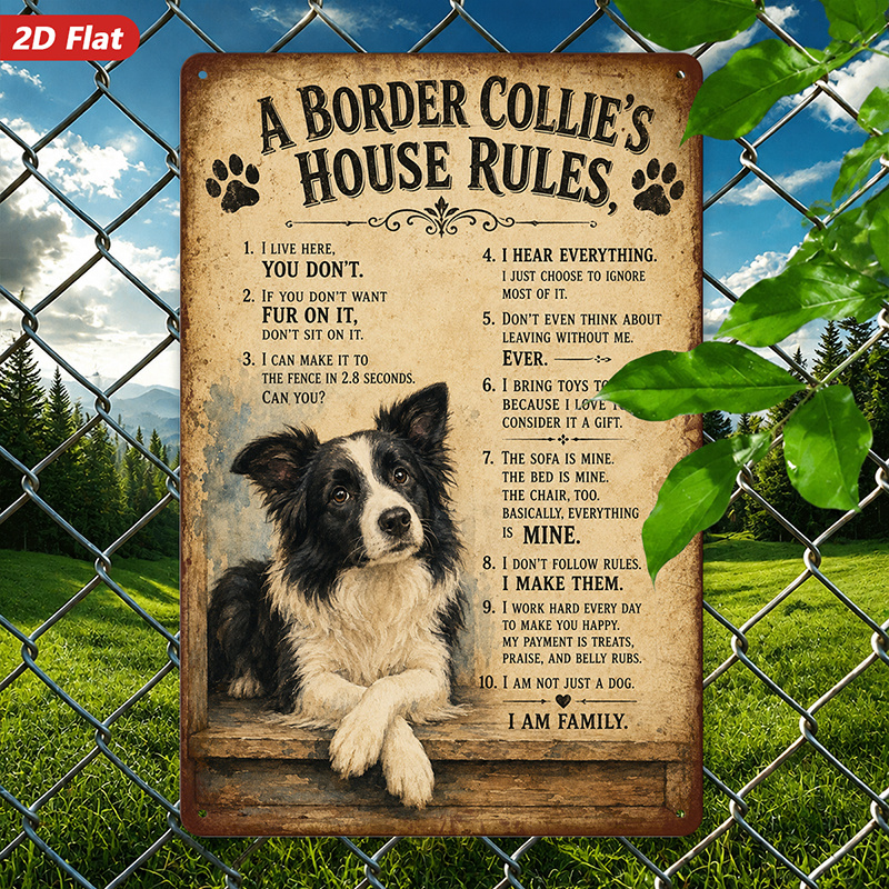 TEMU 2d Flat, 1pc Metal Sign Wall Art, Border Collie Themed, Rustic Style, House Rules Text, Home Decor, For Living Room, Bedroom, Safe Rounded