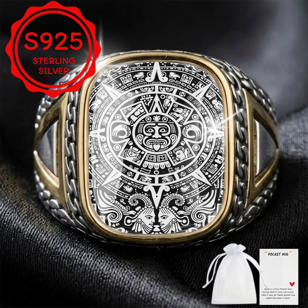 TEMU Product Total Weight (14.49g) 1pc Retro Carved Ancient Mysterious Calendar Men's Distressed Ring, Suitable For Daily Wear Father's Day Gift