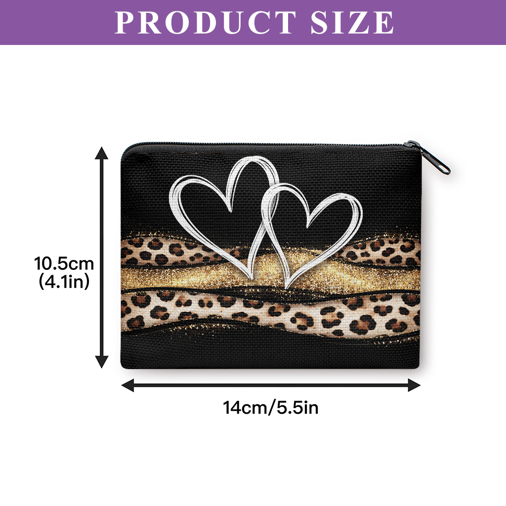 TEMU Coin Purse, Hearts Leopard Glitter Decor -material Double Zippered Wallet And Organizer Pouch, Machine Washable Durable Washable Fabric Wallet