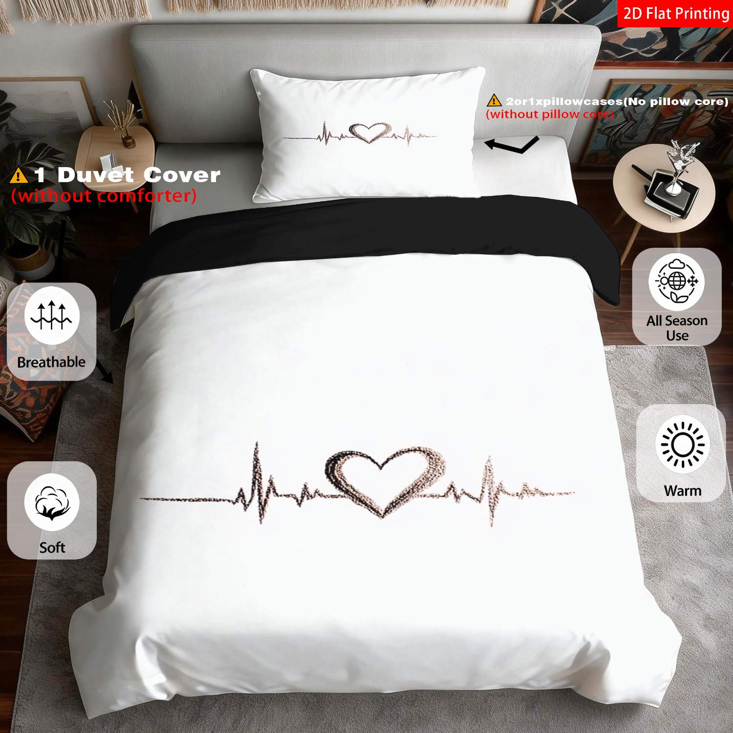 TEMU 2/3pcs 2d Flat Printing Modern Minimalist Heartbeat Pattern Duvet Covers Multiple Colors Ekg Line And Heart Print Bedding (1 Duvet Cover And 1/2