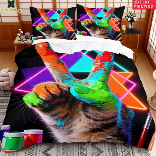 2d flat 2 3pcs printing cat peace sign for bedroom decor bedding quilt cover pillowcases 1 x duvet cover and 1 2 x pillowcases without core