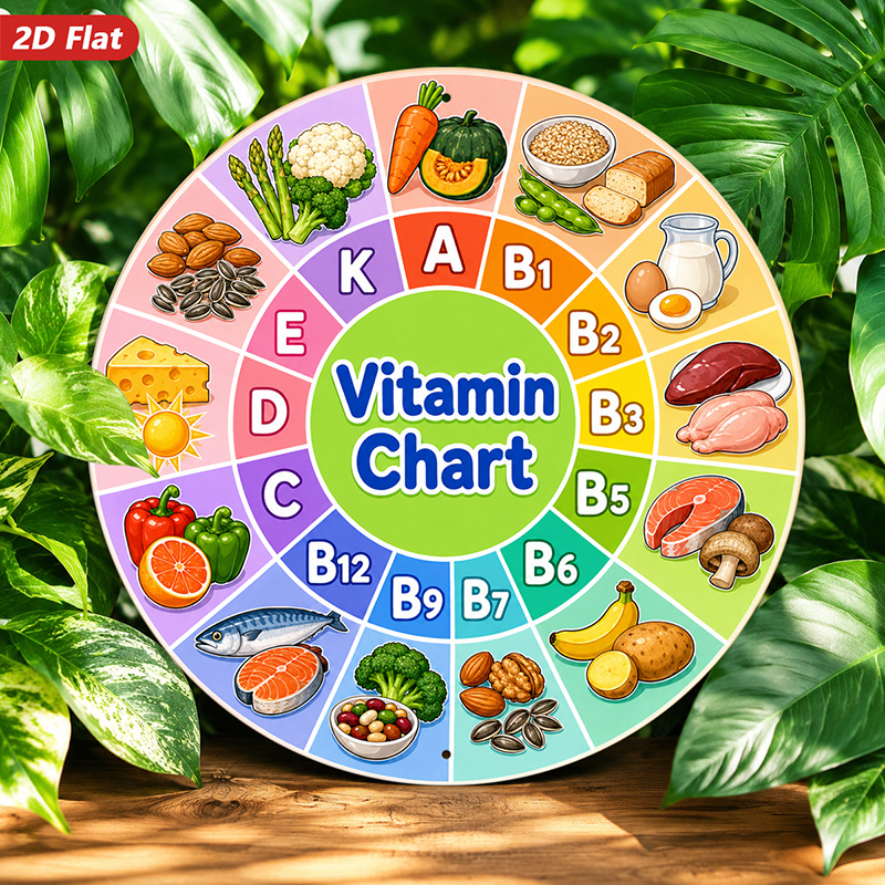 TEMU 2d Flat, 1pc Round Metal Sign Wall Art, Vitamin Chart Home Decor, Colorful , Nutrient-rich Elements, Educational Pattern, For Kitchen, Dining