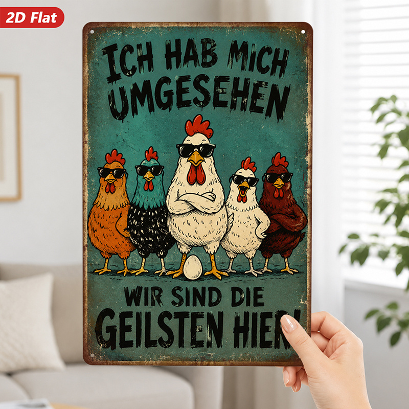 TEMU 2d Flat, 1pc Metal Sign Wall Art, German - Text Decorative Painting, Cartoon - Style Chickens, Humorous Elements, Home Decor, For Living Room,
