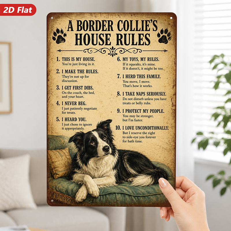 TEMU 2d Flat, 1pc 2d Flat Wooden Wall Hanging Sign, Border Collie Themed Home Decor With "border Collie House Rules" Text, Rustic Style, Suitable For
