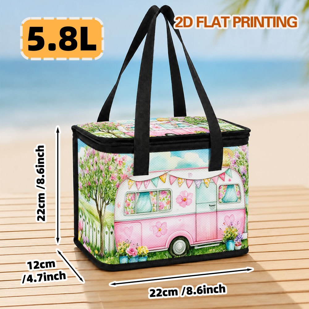 TEMU 2d Flat, 1pc 5.8l&27l Insulated Lunch Bag, Pink In Flower Garden Print Cooler Bag, Wipeable Inner Surface&reusable, Equipped With Zippers,