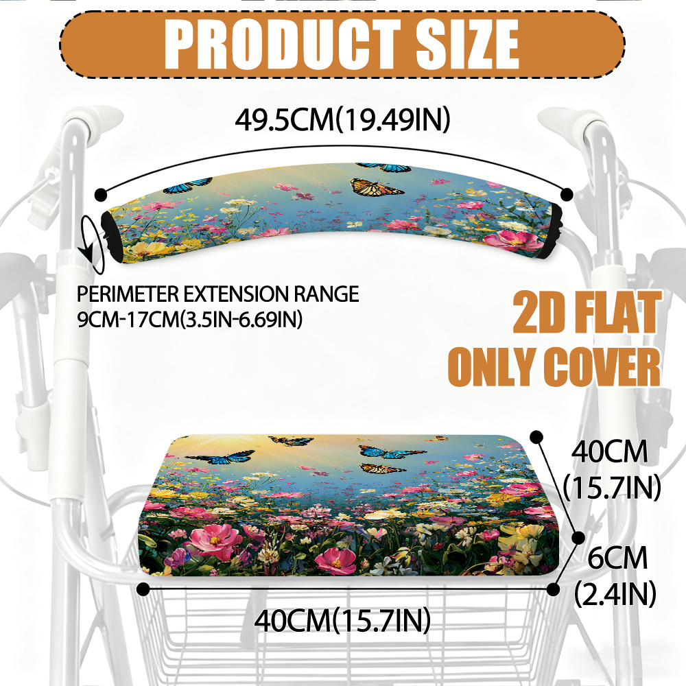 TEMU 2d Flat Printing Rollator Walker Seat Cover And Back Cover Butterflies And Blossoms, For Rollator Walker Seat And Backrest Covers Soft Walkers
