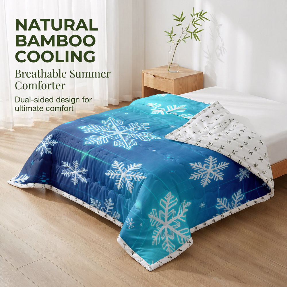 TEMU 1pc Bamboo Reversible Cooling & Warm Summer Comforter - Snowflake Design, Switchable Temperature Control, Lightweight, Breathable, Use, Machine