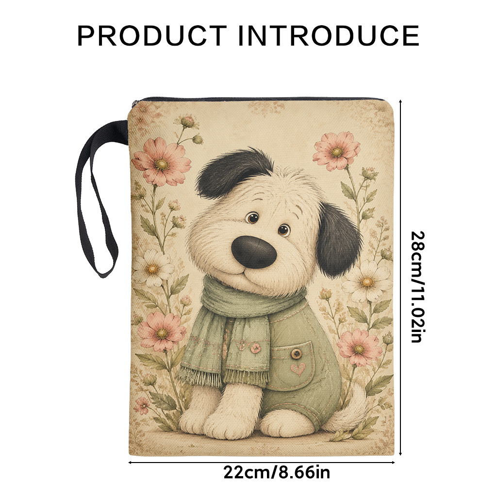 TEMU 1pc Adorable Dog & Flower Book Sleeve Cover - Reusable Washable Zippered Fabric Case Suitable For Books, Soft Cover Compatible For For Book