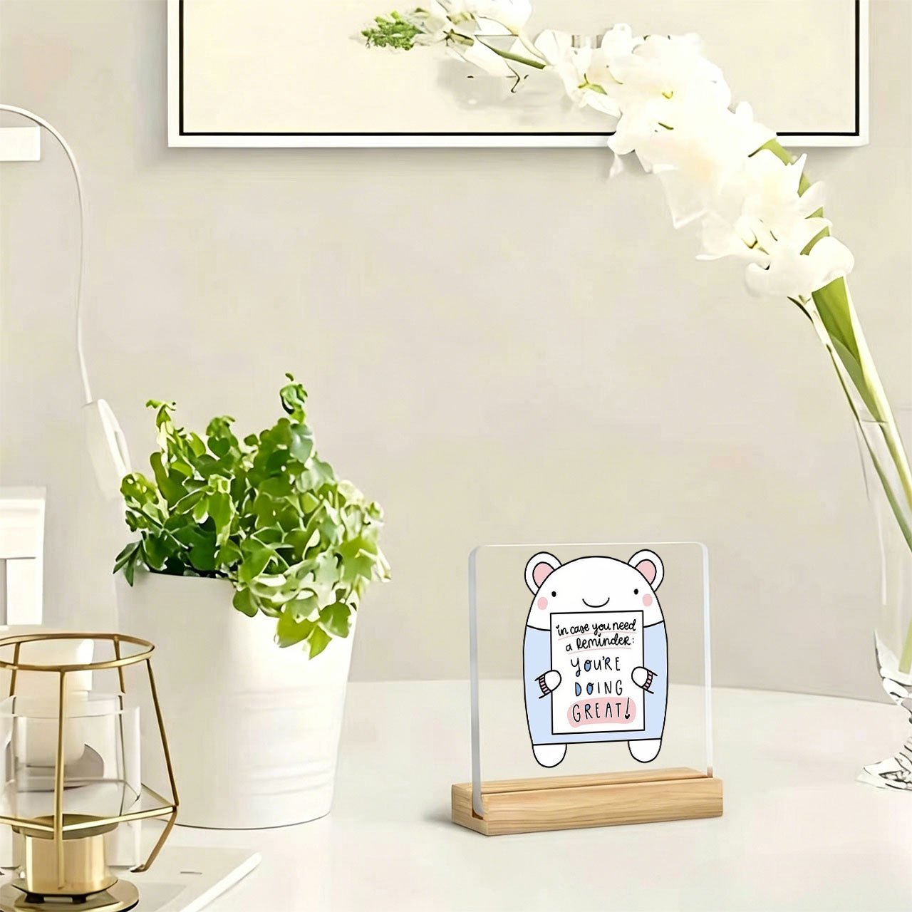cartoon bear youre doing great slogan ornament 1pc warm and inspirational slogan acrylic ornament with wooden base paperweight desk ornament office desk supplies