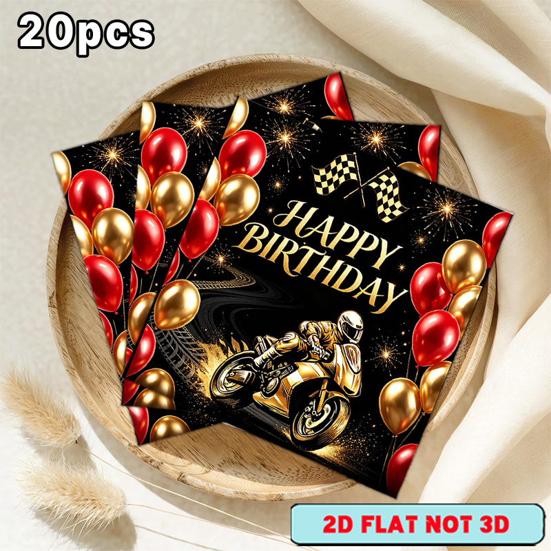 TEMU Lot de 20 serviettes d'anniversaire dorées avec de course de moto, convient pour anniversaires, fêtes à thème, décorations de moto - Serviettes