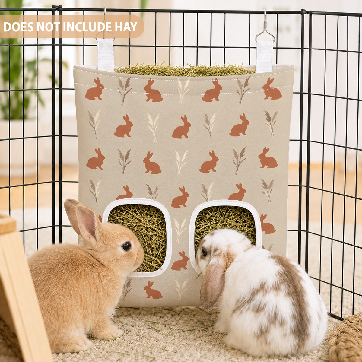 TEMU Mangeoire à foin à 2 trous avec sac de suspension - Mignonne, convient aux lapins, cochons d'Inde, hamsters, souris - Distributeur de foin à