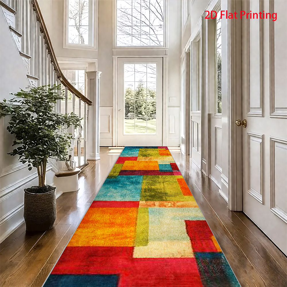 TEMU 1pc Long Runner Rug, Velvet Material With Non-slip Backing, 2d Flat Printing, Low Pile To Clean, Abstract Geometric Collage, Multi-colored Block