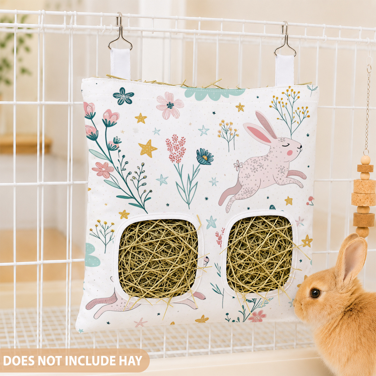 TEMU Mangeoire à foin suspendue à 2 trous avec sac de suspension - Mignonne, convient aux lapins, cochons d'Inde, hamsters, souris - Distributeur de