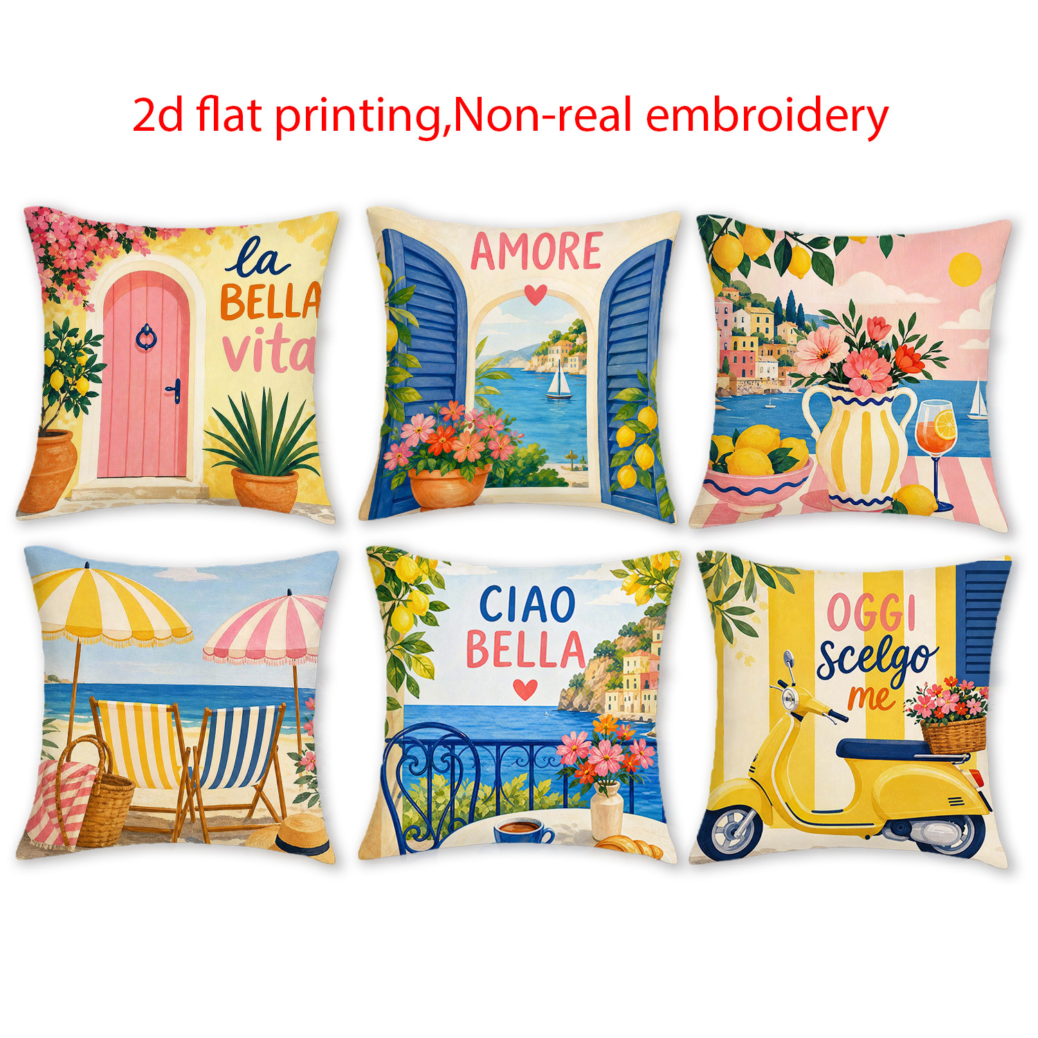 TEMU 2d Flat - 6pcs, 2d Flat Print Italian Summer Throw Pillow Covers, Outdoor Patio Decorative Cushion Cases, 12x12 16x16 18x18 20x20 Inches,