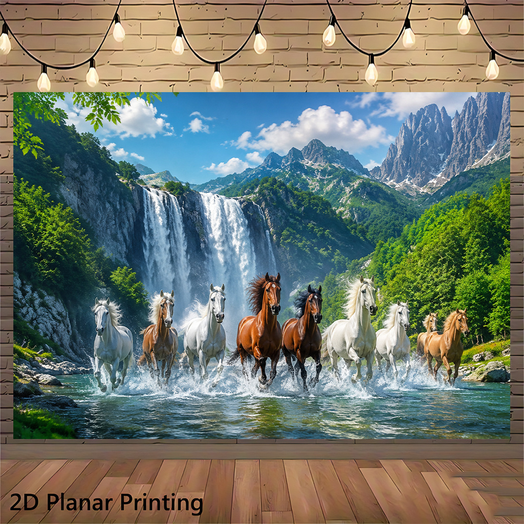TEMU 2d Flat, 2d Flat - 2d Flat, 2d Flat - 2d Flat Banner 1pc, Running Horses And Waterfall, Polyester Fiber Party Backdrop, Suitable For Multiple
